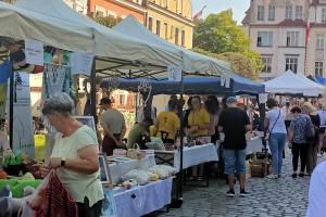 ulica wyłożona kostką brukową, wzdłuż niej stoją stragany, z białymi daszkami z materiału. Pod nimi stoją wystawione przez wystawców prace plastyczne